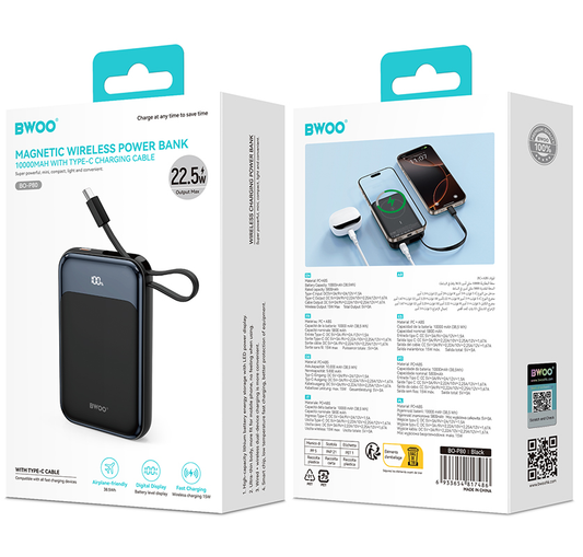 Trådløs Ekstern Batteri BWOO BO-P80, 10000mAh, 22.5W, PD + FQI, 1 x QI - 2 x USB-C, Svart