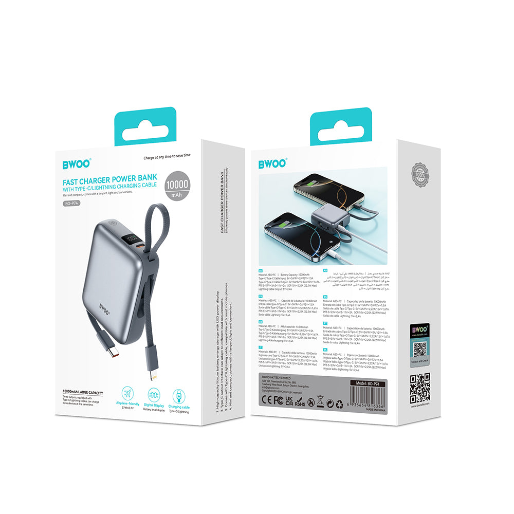 Ekstern Batteri BWOO BO-P74, 10000mAh, 22.5W, PD, 1 x Lightning - 2 x USB-C, Svart