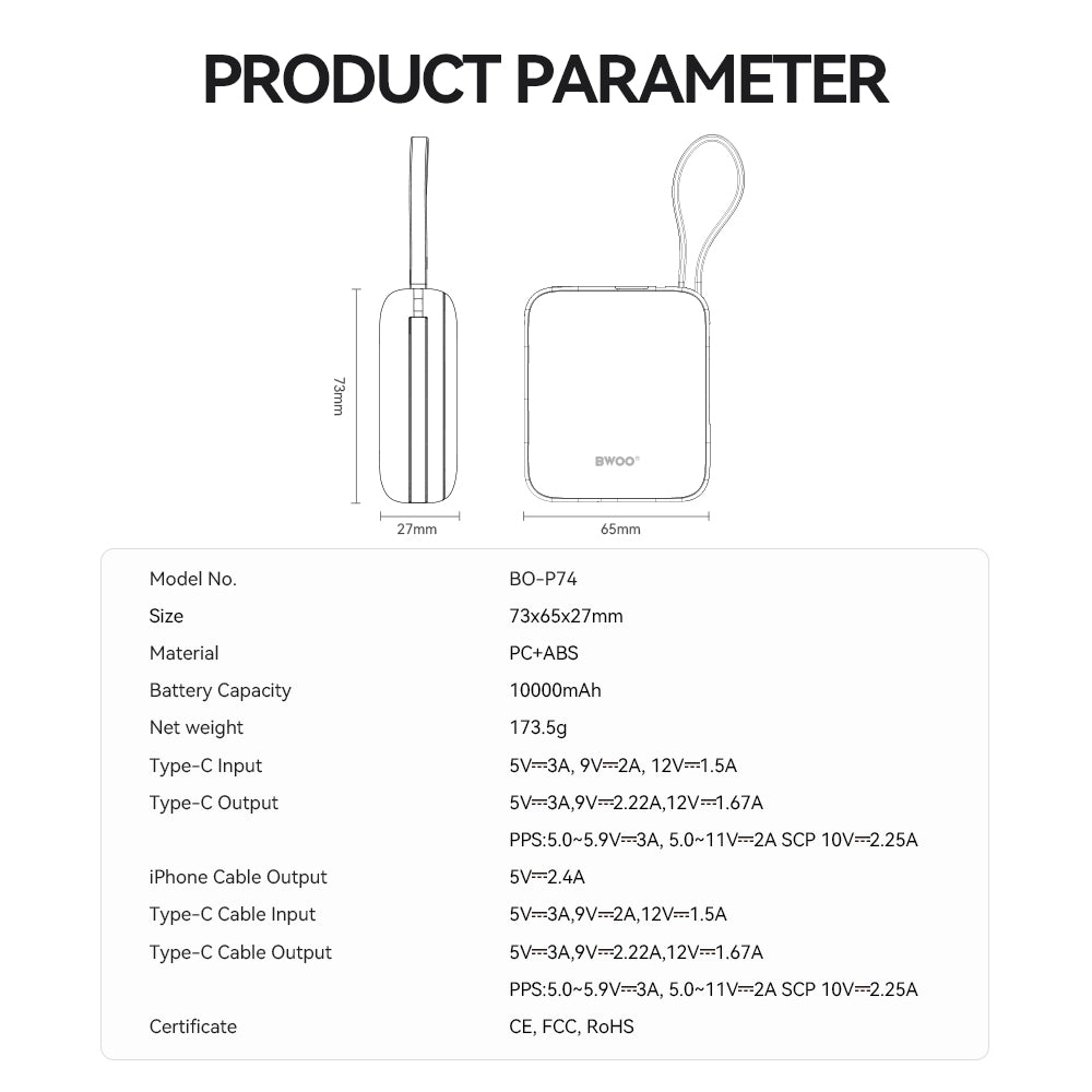 Ekstern Batteri BWOO BO-P74, 10000mAh, 22.5W, PD, 1 x Lightning - 2 x USB-C, Svart