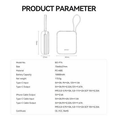 Ekstern Batteri BWOO BO-P74, 10000mAh, 22.5W, PD, 1 x Lightning - 2 x USB-C, Svart