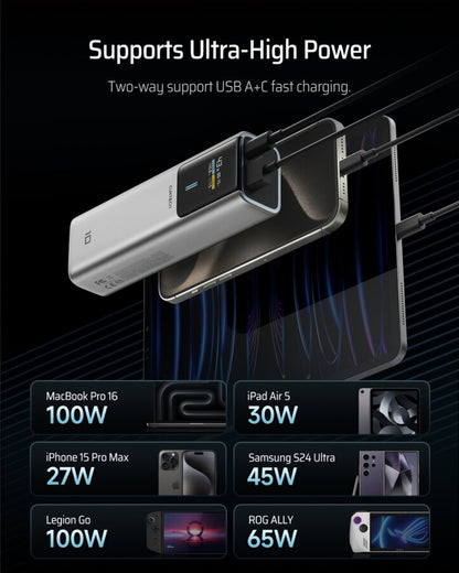 Ekstern Batteri Cuktech, 10000mAh, 150W, QC + PD, 1 x USB-A - 1 x USB-C, Grå CKPB100PGLBK