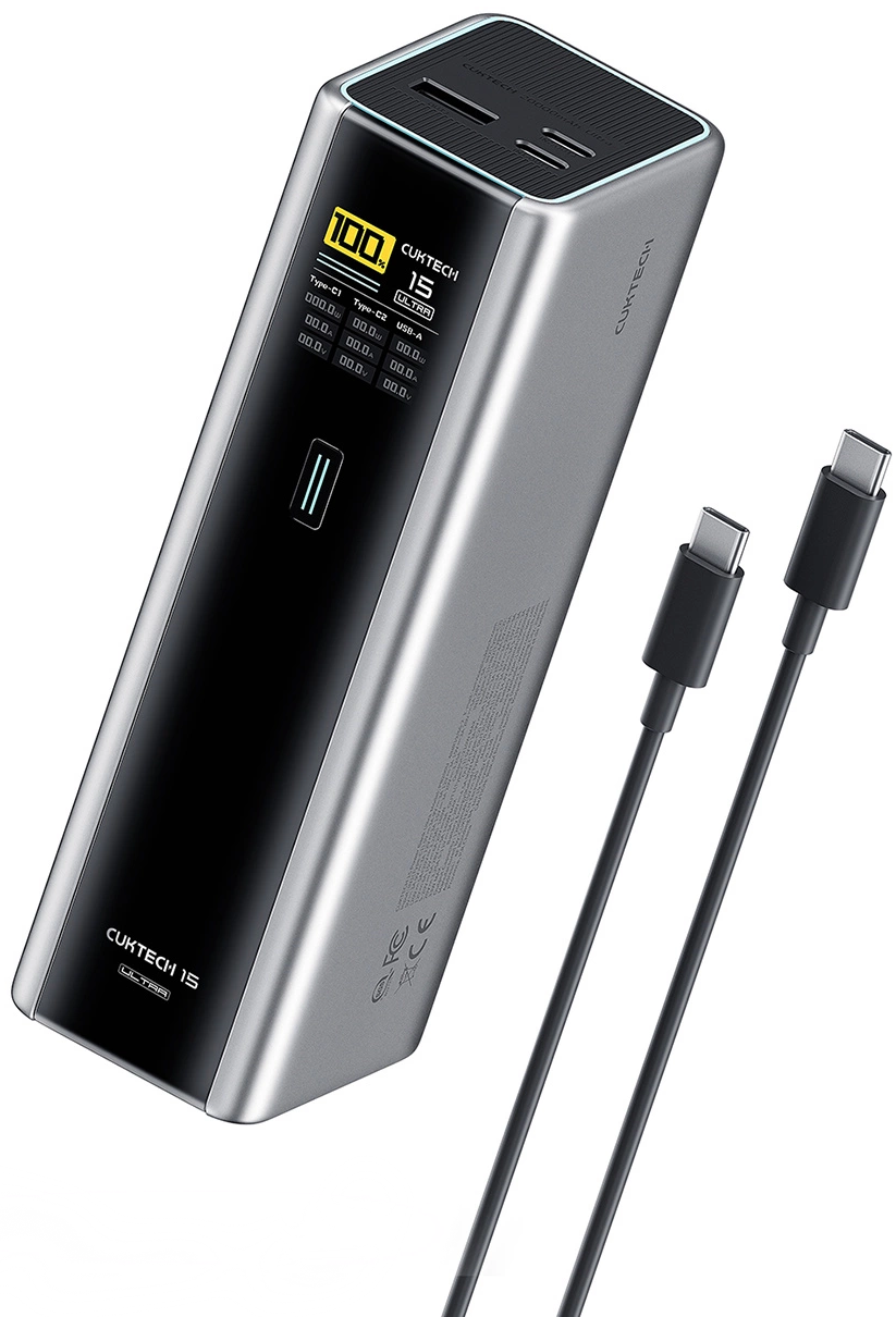 Ekstern Batteri Cuktech, 20000mAh, 210W, QC + PD, 1 x USB-A - 2 x USB-C, Grå CKPB200UGLGR