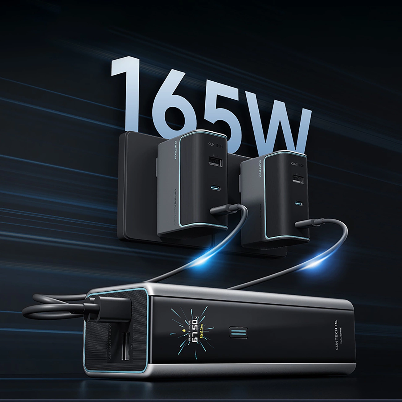 Ekstern Batteri Cuktech, 20000mAh, 210W, QC + PD, 1 x USB-A - 2 x USB-C, Grå CKPB200UGLGR