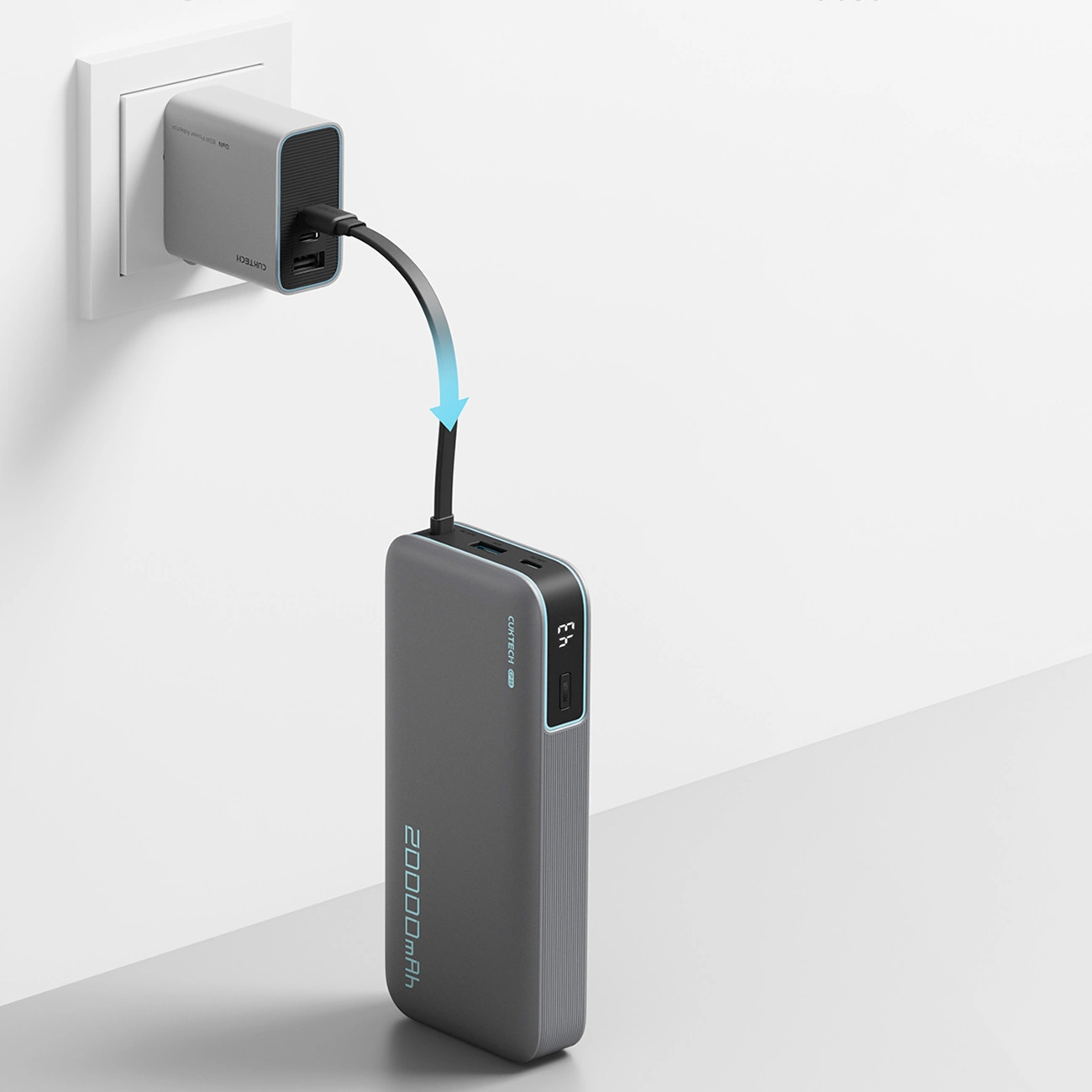 Ekstern batteri Cuktech, 20000mAh, 55W, QC + PD, 1 x USB-A - 2 x USB-C, Grå CUKP200NGLDG