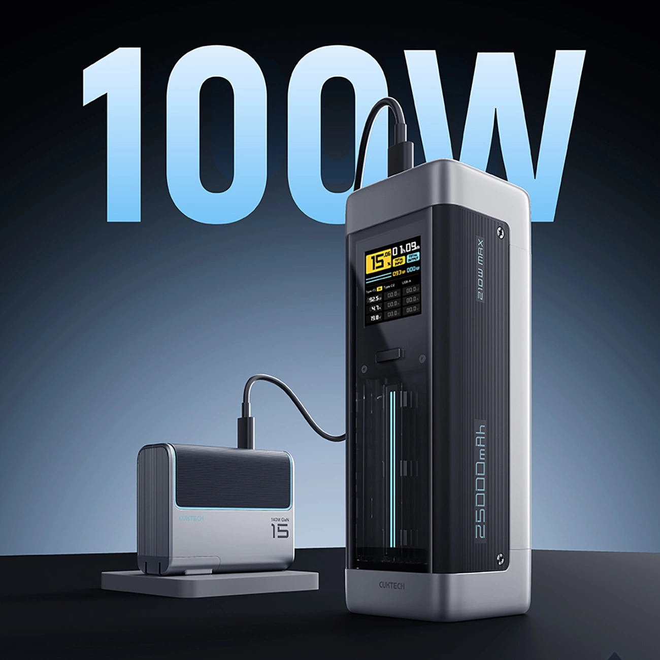 Ekstern Batteri Cuktech, 25000mAh, 210W, QC + PD, 1 x USB-A - 2 x USB-C, Svart CUK00P23GLBK