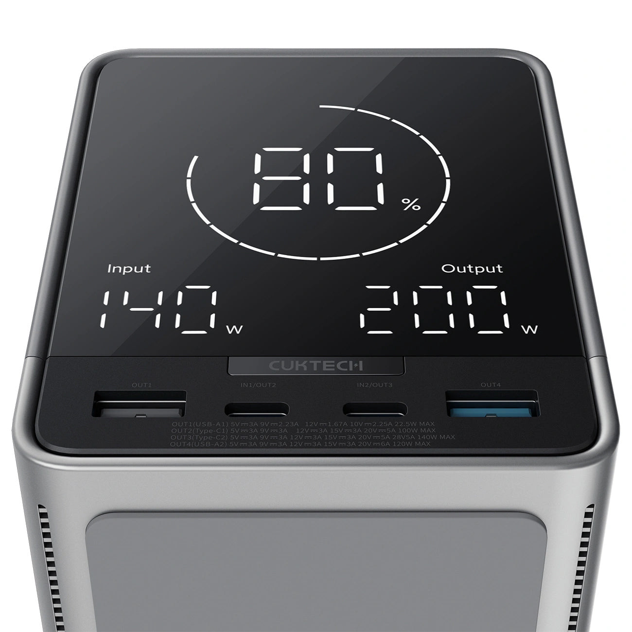 Cuktech Ekstern Batteri, 40000mAh, 300W, QC + PD + FQI, 1 x QI - 2 x USB-A - 2 x USB-C, Svart