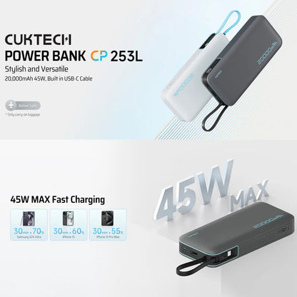 Ekstern batteri Cuktech LPB200N, 20000mAh, 45W, QC + PD, 1 x USB-A - 2 x USB-C, Hvit CUKP200NGLLG