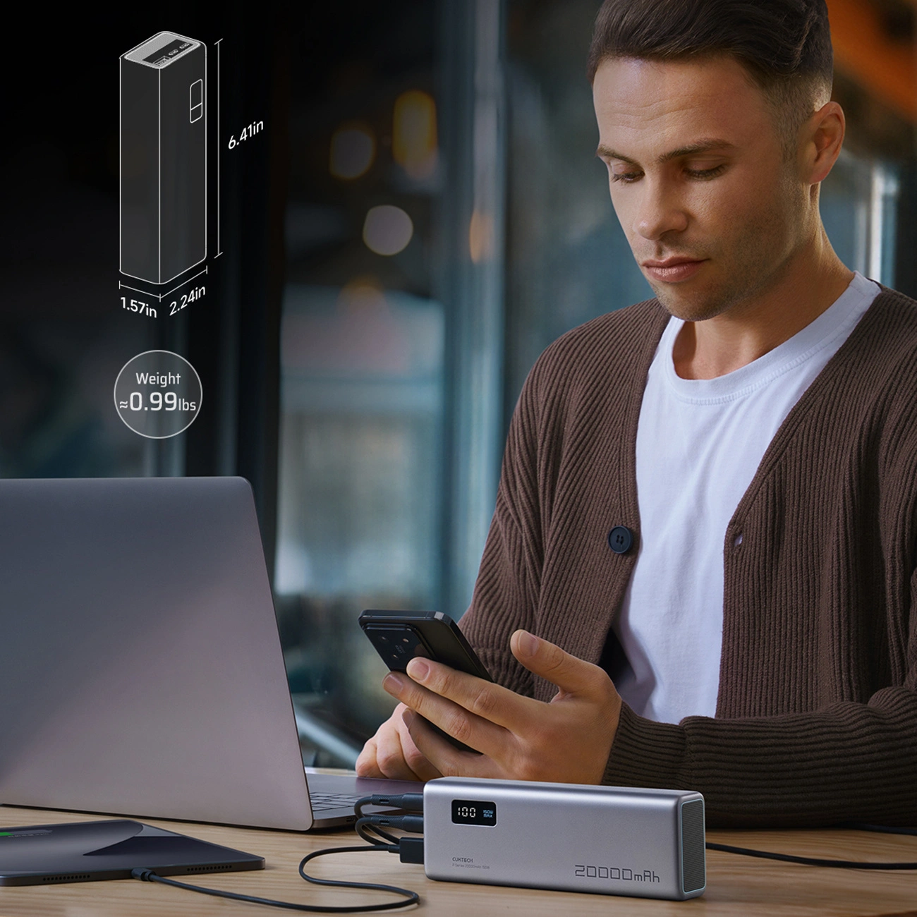 Ekstern Batteri Cuktech P+ No.15, 20000mAh, 150W, QC + PD, 1 x USB-A - 2 x USB-C, Grå CUKPB200GLBK