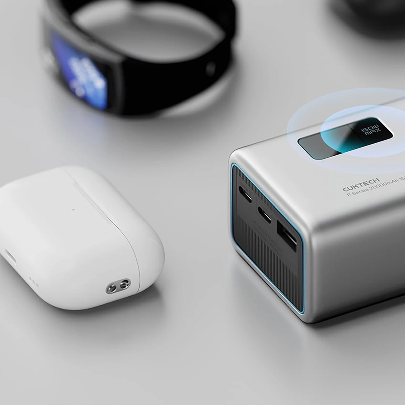 Ekstern Batteri Cuktech P+ No.15, 20000mAh, 150W, QC + PD, 1 x USB-A - 2 x USB-C, Grå CUKPB200GLBK