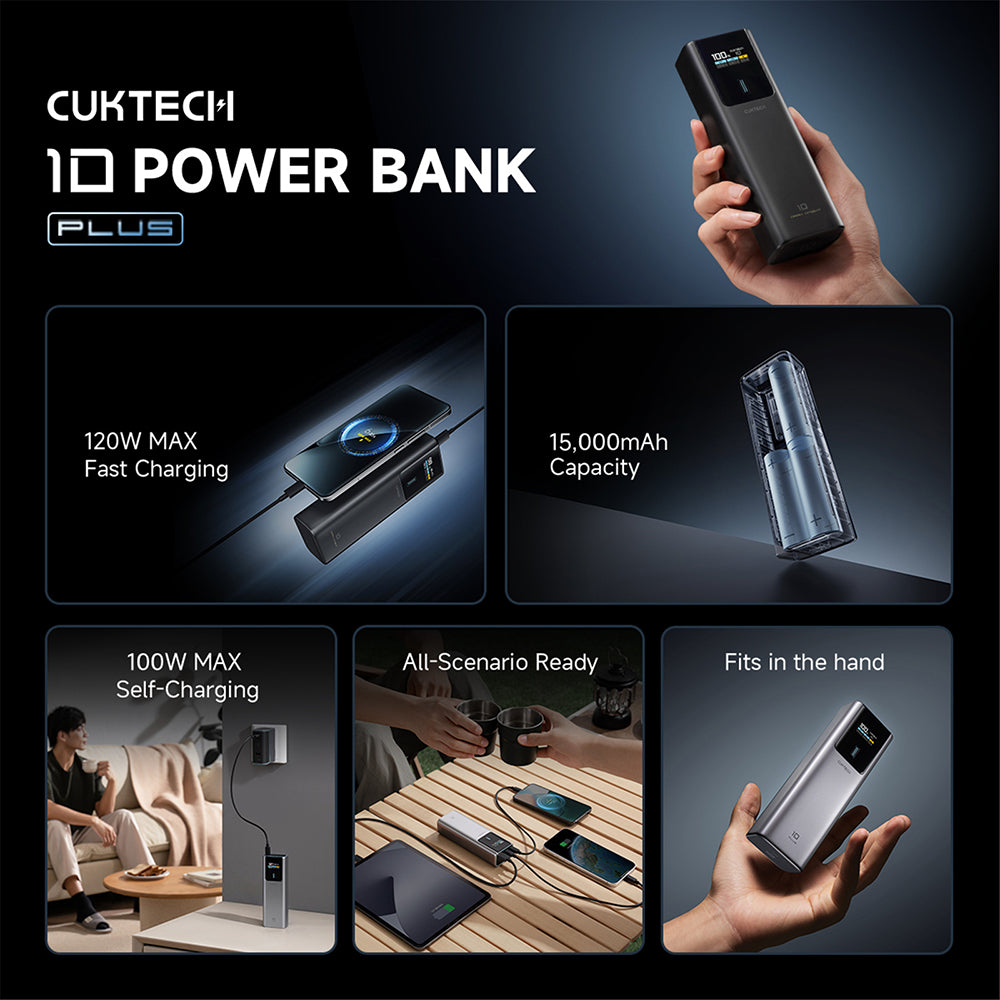 Ekstern batteri Cuktech PB150P, 15000mAh, 120W, QC + PD, 1 x USB-A - 2 x USB-C, Grå CKPB150POSGR