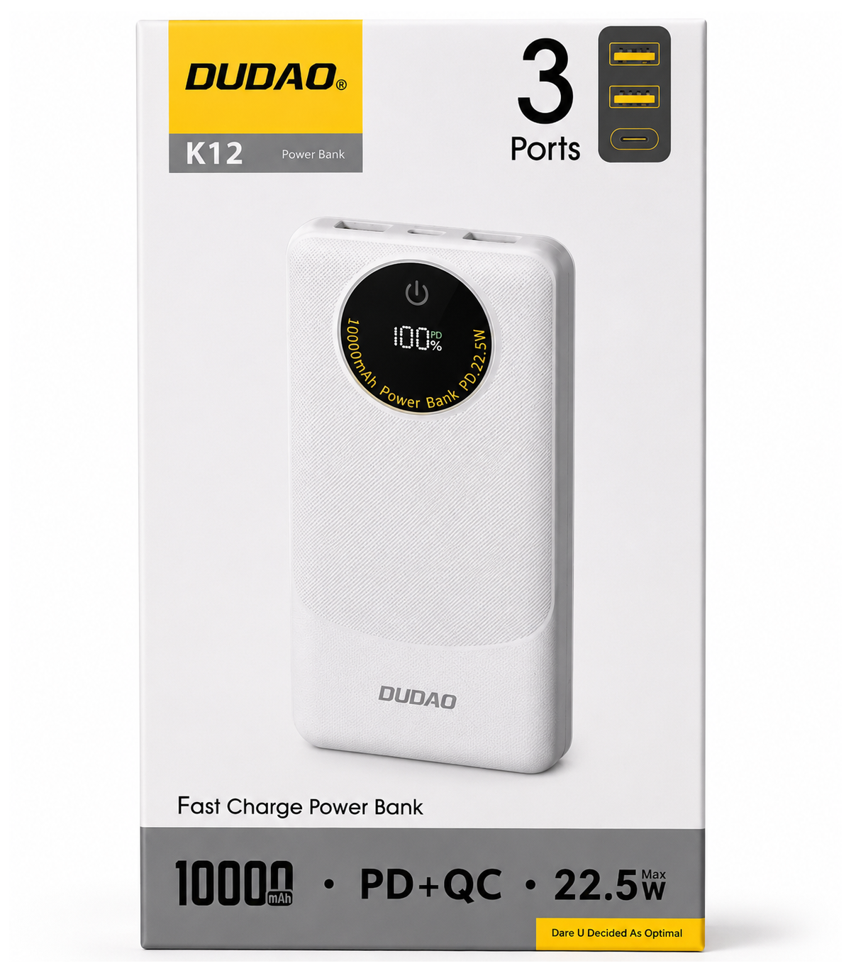 Ekstern batteri Dudao K12, 10000mAh, 22.5W, QC + PD, 1 x USB-C - 2 x USB-A, Hvit