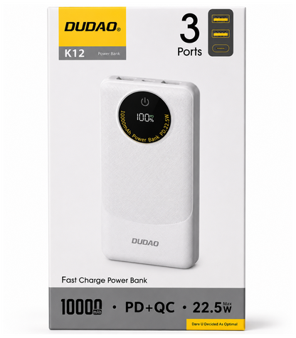 Ekstern batteri Dudao K12, 10000mAh, 22.5W, QC + PD, 1 x USB-C - 2 x USB-A, Hvit