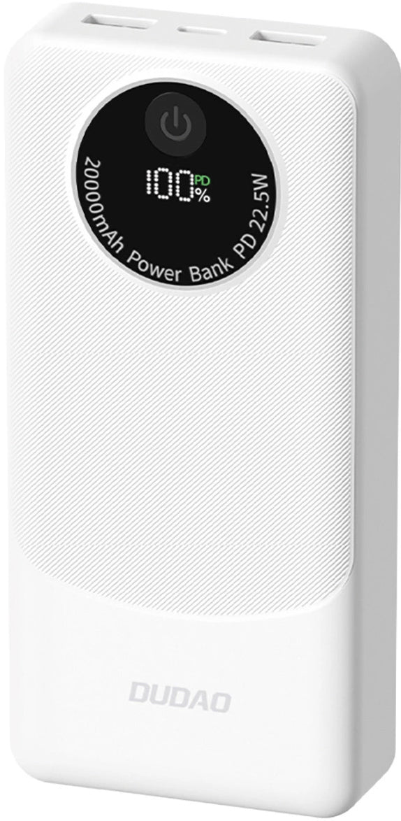 Ekstern Batteri Dudao K12Pro, 20000mAh, 22.5W, QC + PD, 1 x USB-C - 2 x USB-A, Hvit