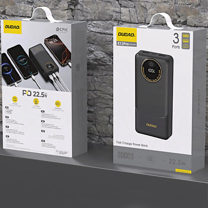 Ekstern Batteri Dudao K12Pro, 20000mAh, 22.5W, QC + PD, 1 x USB-C - 2 x USB-A, Svart