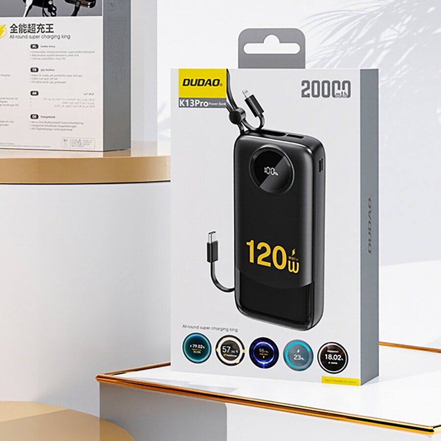 Ekstern Batteri Dudao K13, 10000mAh, 22.5W, QC + PD, 1 x Lightning - 1 x USB-A - 2 x USB-C, Svart