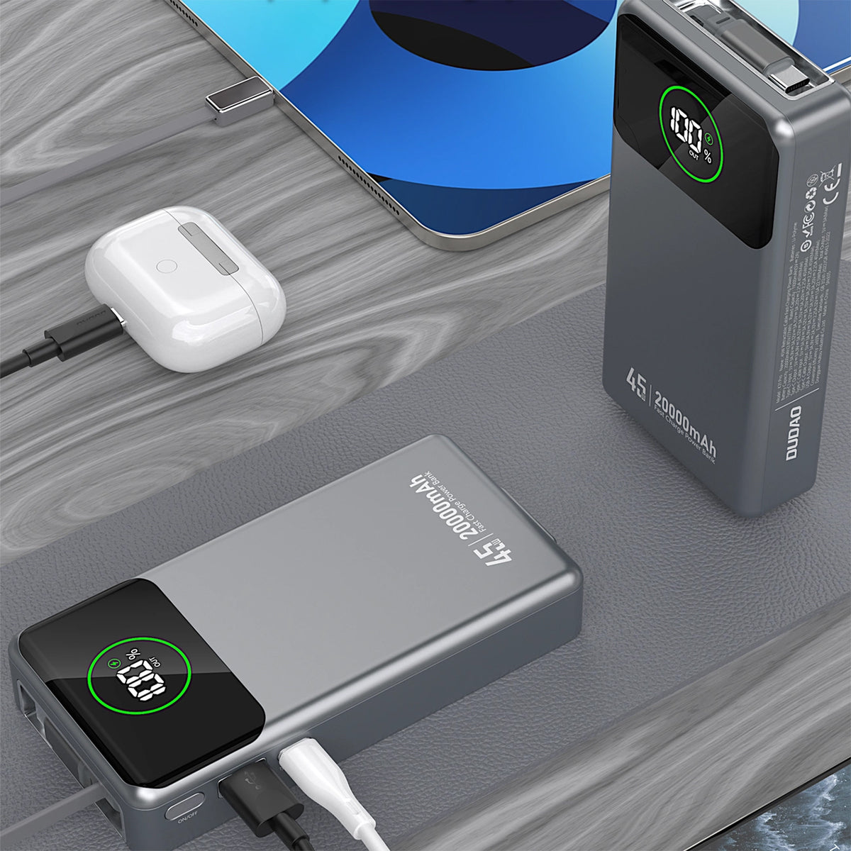 Ekstern batteri Dudao K31 Pro, 20000mAh, 45W, QC + PD, 1 x USB-A - 2 x USB-C, Grå