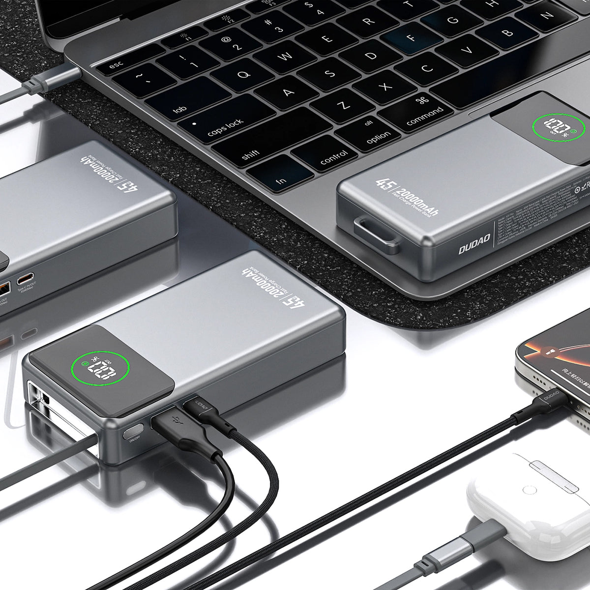 Ekstern batteri Dudao K31 Pro, 20000mAh, 45W, QC + PD, 1 x USB-A - 2 x USB-C, Grå