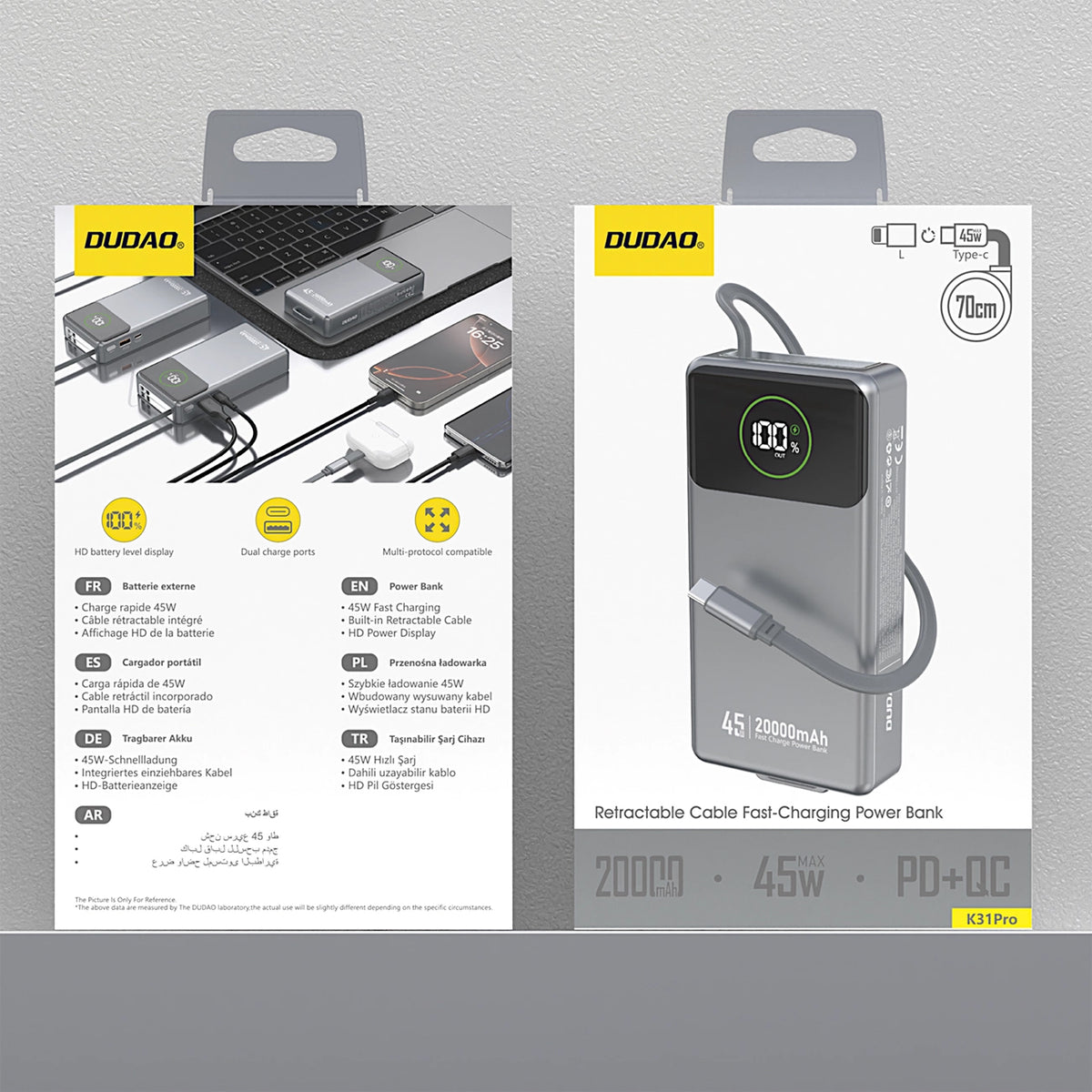Ekstern batteri Dudao K31 Pro, 20000mAh, 45W, QC + PD, 1 x USB-A - 2 x USB-C, Grå