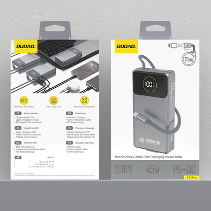 Ekstern batteri Dudao K31 Pro, 20000mAh, 45W, QC + PD, 1 x USB-A - 2 x USB-C, Grå
