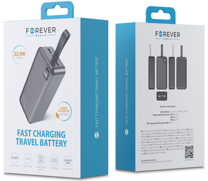 Forever TB-300XL powerbank, 30 000 mAh, 22,5 W, QC + PD, 1 x USB-C – 2 x USB-A, svart
