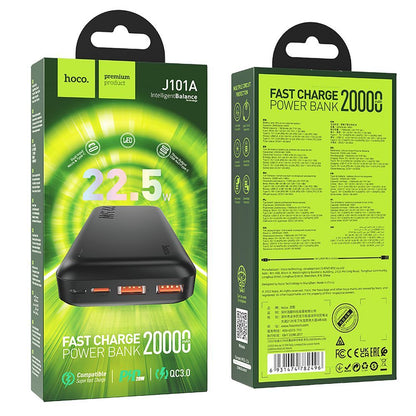 Ekstern Batteri HOCO J101A, 20000mAh, 22.5W, QC + PD, 1 x USB-C - 2 x USB-A, Svart