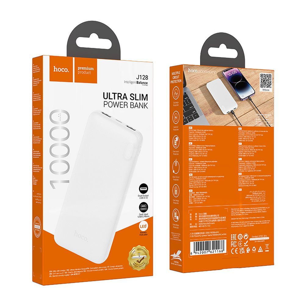 Ekstern batteri HOCO J128, 10000mAh, 10W, 2 x USB-A, Hvit