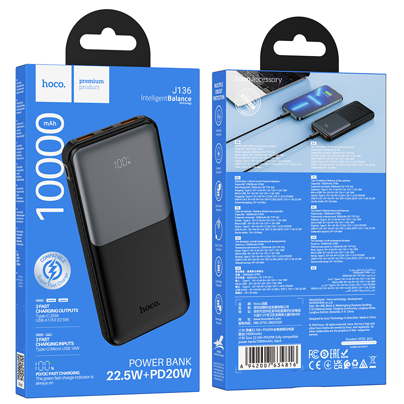 HOCO J136 powerbank, 10 000 mAh, 22,5 W, QC + PD, 1 x USB-C – 2 x USB-A, svart