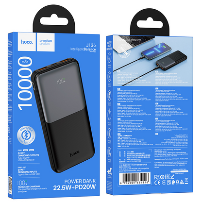 HOCO J136 powerbank, 10 000 mAh, 22,5 W, QC + PD, 1 x USB-C – 2 x USB-A, svart