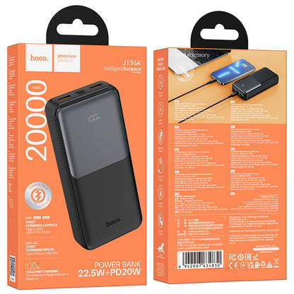 Ekstern batteri HOCO J136A, 20000mAh, 22,5W, QC + PD, 1 x USB-C - 2 x USB-A, Svart