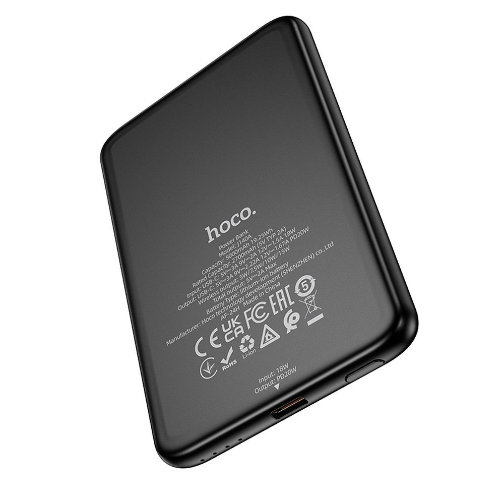 Trådløs Ekstern Batteri HOCO J140A, 5000mAh, 20W, PD + QI, 1 x USB-C, Svart