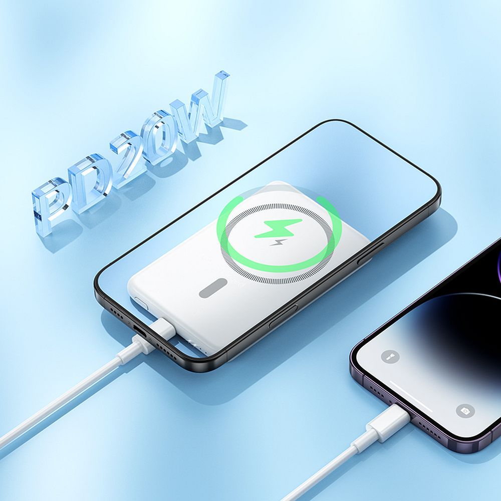 Trådløs Ekstern Batteri HOCO J140A, 5000mAh, 20W, PD + FQI, 1 x QI - 1 x USB-C, Hvit