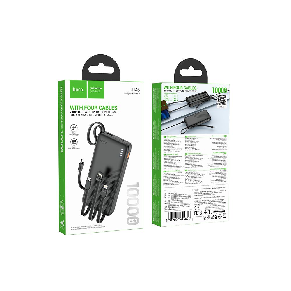 Ekstern batteri HOCO J146, 10000mAh, 10W, 1 x Lightning - 1 x microUSB - 1 x USB-A - 1 x USB-C, Svart