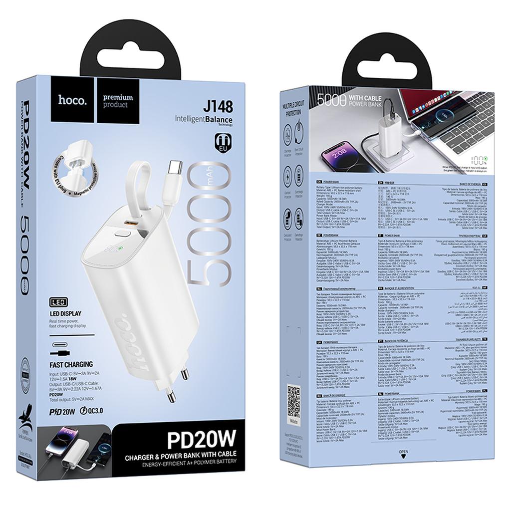 HOCO J148 2-i-1 powerbank, 5000 mAh, 20 W, PD, 2 x USB-C, hvit