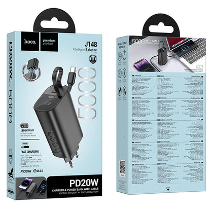 HOCO J148 2-i-1 powerbank, 5000 mAh, 20 W, PD, 2 x USB-C, svart