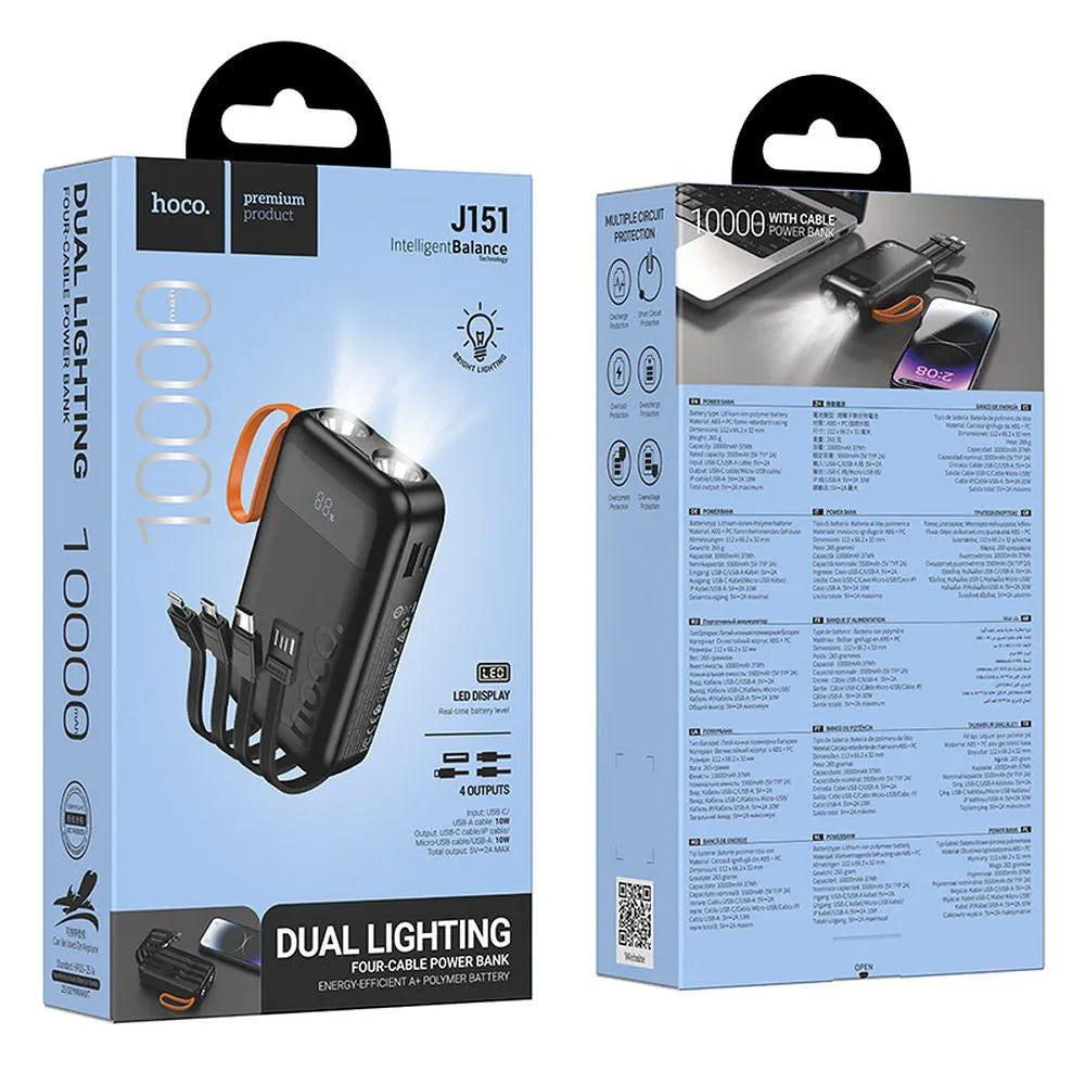 Ekstern batteri HOCO J151, 10000mAh, 10W, 1 x Lightning - 1 x microUSB - 1 x USB-A - 1 x USB-C, Svart