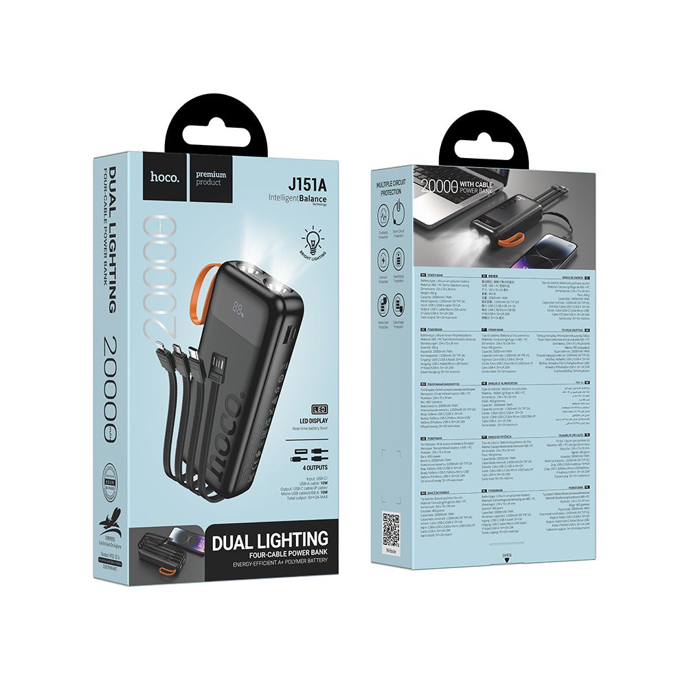 Ekstern batteri HOCO J151A, 20000mAh, 10W, 1 x Lightning - 1 x microUSB - 1 x USB-A - 1 x USB-C, Svart