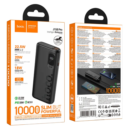 Ekstern batteri HOCO J158 Pro, 10000mAh, 22,5W, QC + PD, 1 x USB-C - 2 x USB-A, Svart