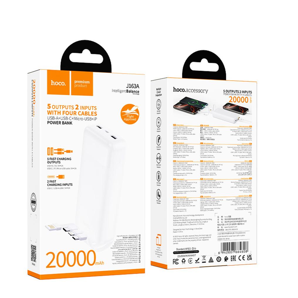 HOCO J163A powerbank, 20 000 mAh, 10 W, 1 x Lightning – 1 x microUSB – 1 x USB-C – 2 x USB-A, hvit