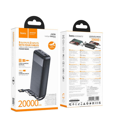 HOCO J163A powerbank, 20 000 mAh, 10 W, 1 x Lightning – 1 x microUSB – 1 x USB-C – 2 x USB-A, svart