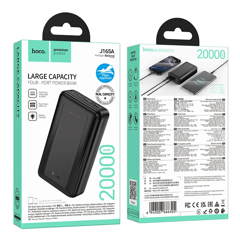 Ekstern batteri HOCO J165A, 20000mAh, 10W, 2 x USB-A, Svart