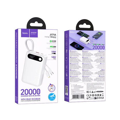 Ekstern batteri HOCO J171A, 20000mAh, 22,5W, QC + PD, 1 x Lightning - 1 x USB-A - 2 x USB-C, Hvit