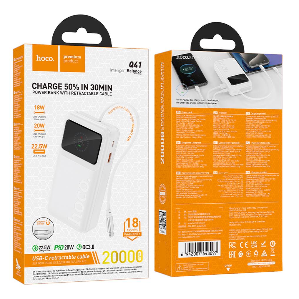 HOCO Q41 powerbank, 20000 mAh, 22,5 W, QC + PD, 1 x USB-A – 2 x USB-C, hvit