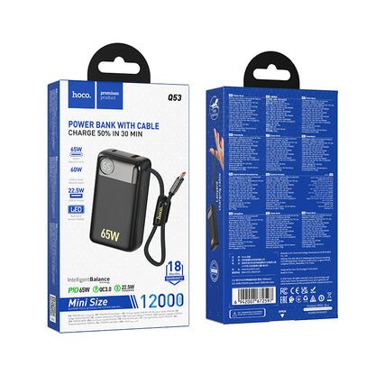 Ekstern batteri HOCO Q53, 12000mAh, 65W, QC + PD, 1 x USB-A - 2 x USB-C, Svart