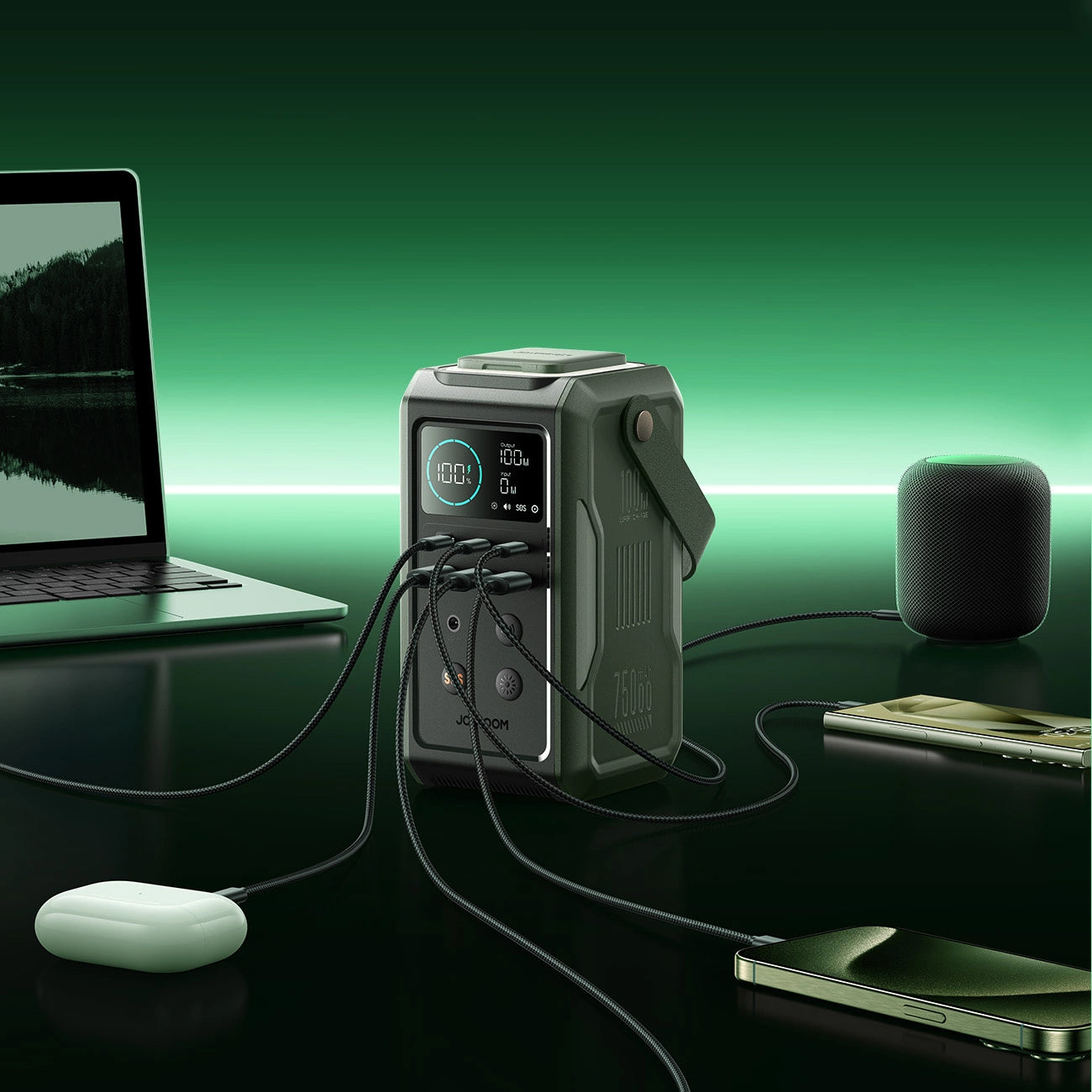 Ekstern batteri Joyroom JR-PBF10, 75000mAh, 100W, QC + PD, 3 x USB-A - 3 x USB-C, Grønn