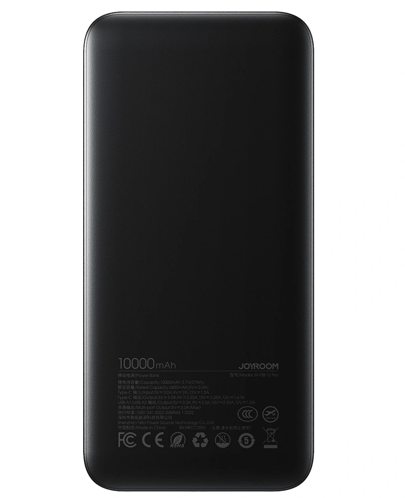 Ekstern batteri Joyroom JR-PBF12 Pro, 10000mAh, 22.5W, QC + PD, 1 x USB-C - 2 x USB-A, Svart