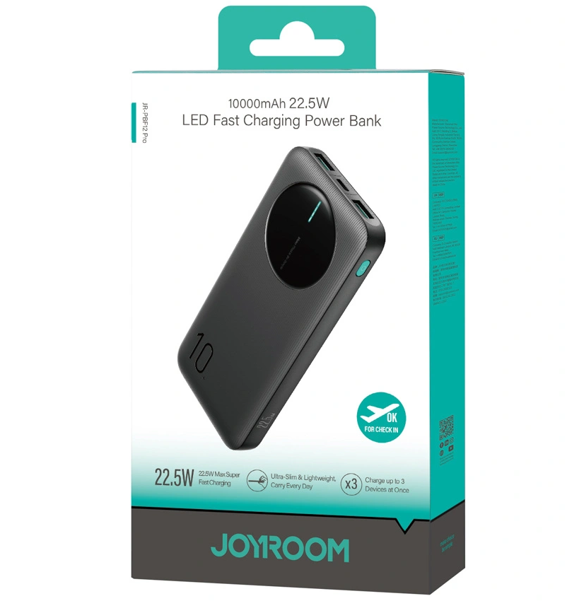 Ekstern batteri Joyroom JR-PBF12 Pro, 10000mAh, 22.5W, QC + PD, 1 x USB-C - 2 x USB-A, Svart