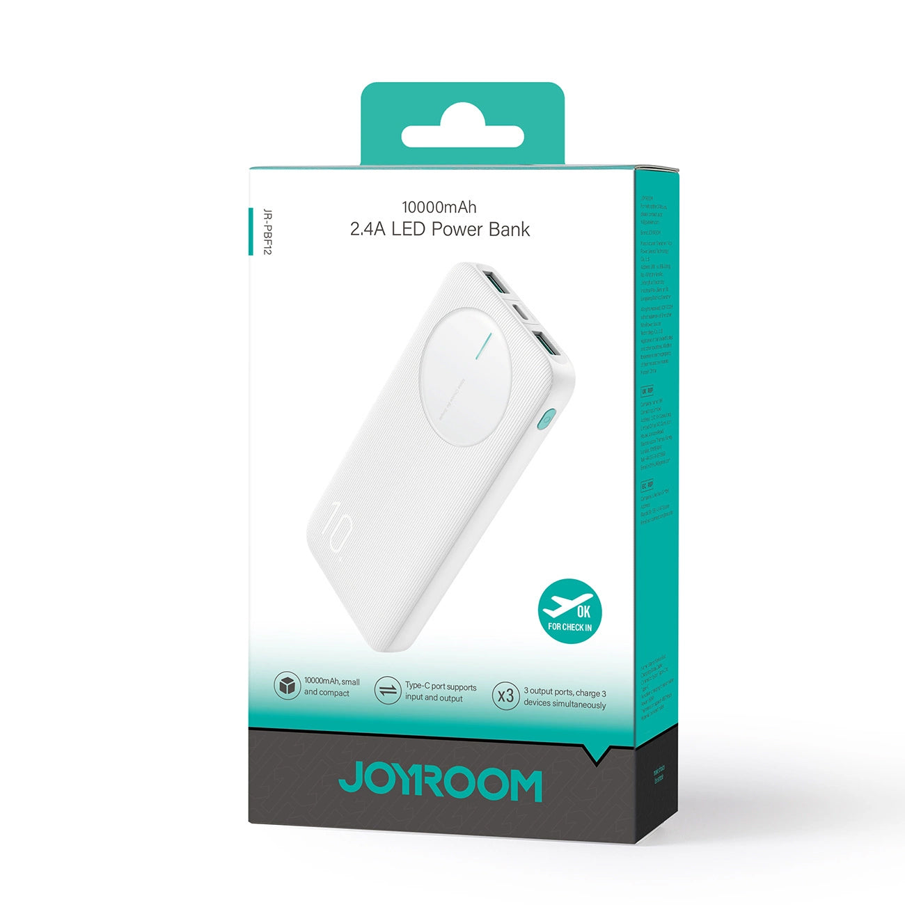 Ekstern batteri Joyroom JR-PBF12, 10000mAh, 12W, 1 x USB-C - 2 x USB-A, Hvit