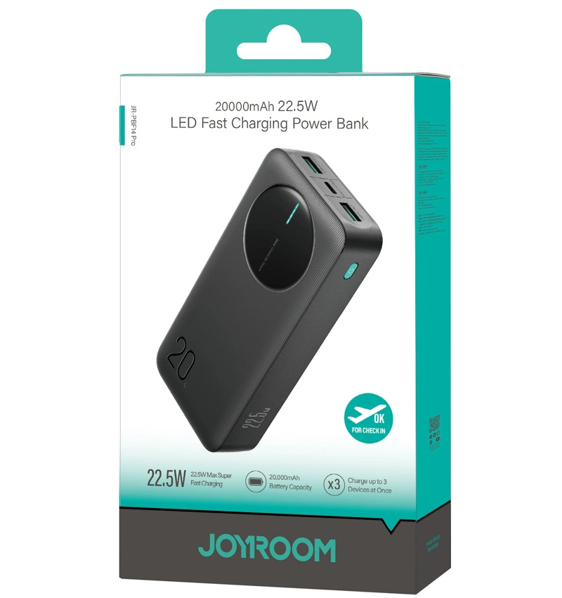 Ekstern batteri Joyroom JR-PBF14 Pro, 20000mAh, 22.5W, QC + PD, 1 x USB-C - 2 x USB-A, Svart
