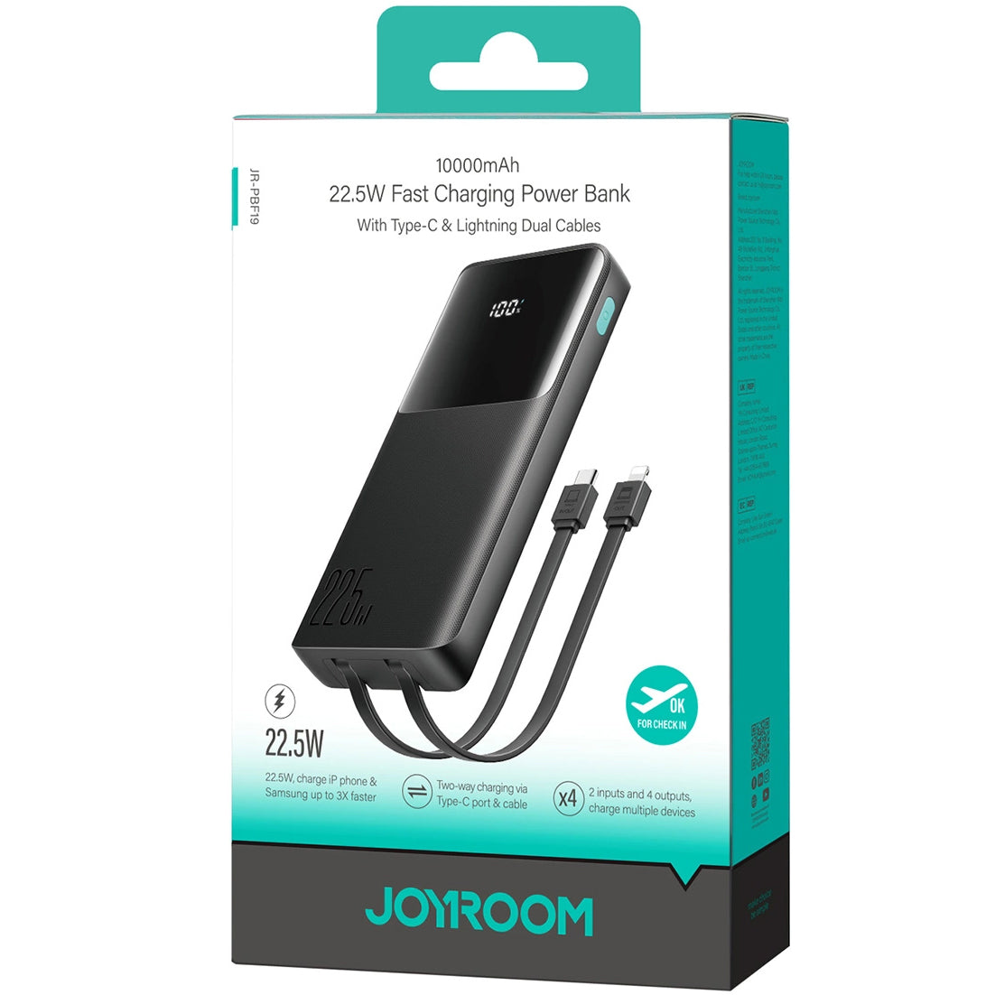 Ekstern Batteri Joyroom JR-PBF19, 10000mAh, 22.5W, QC + PD, 1 x Lightning - 1 x USB-A - 2 x USB-C, Svart