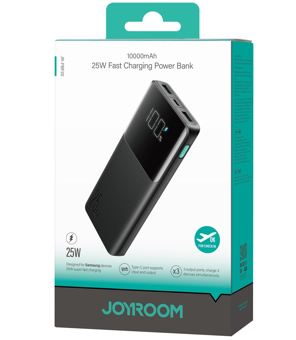 Ekstern Batteri Joyroom JR-PBF20, 10000mAh, 25W, QC + PD, 1 x USB-C - 2 x USB-A, Svart